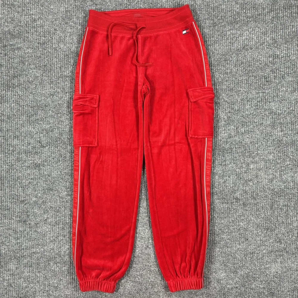 Tommy Hilfiger Sport Jogger Pants Womens XS Red Velour Cargo Side Stripe Elastic